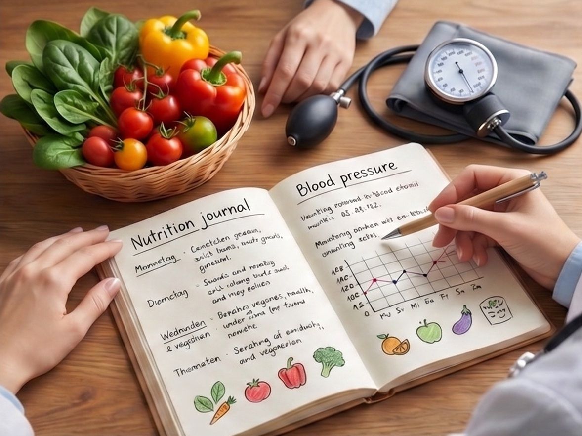 Ernährungstagebuch und Blutdruckmessgerät zur ernährungsmedizinischen Beratung bei Bluthochdruck und Übergewicht